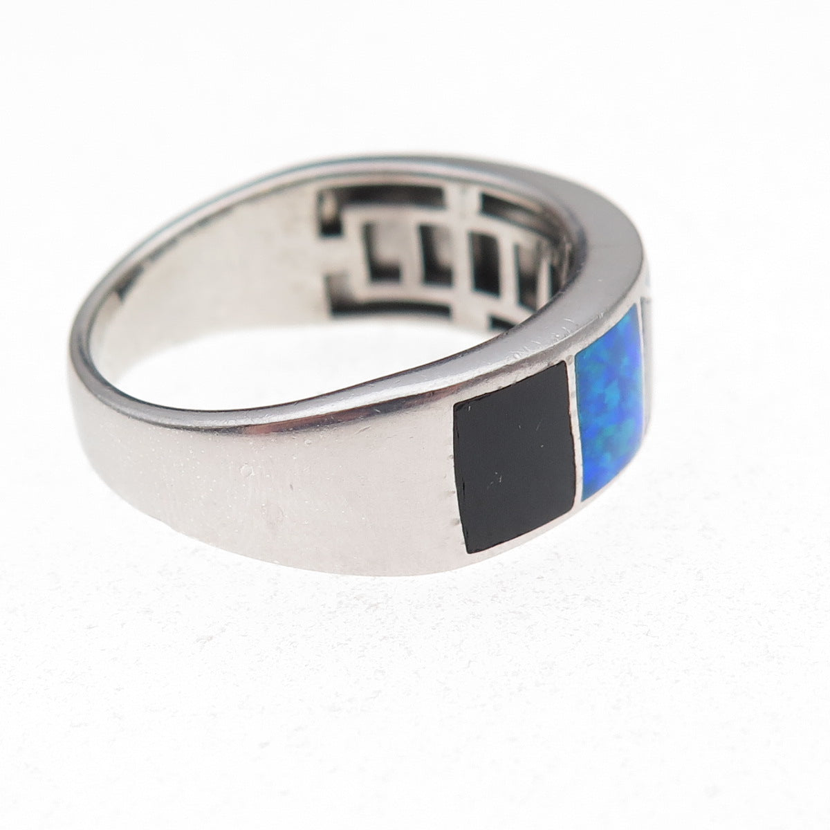 925 Sterling Silver Real Black Onyx & Opal Ring Size 11.75