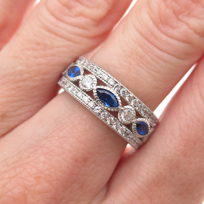 925 Sterling Silver Blue & White C Z All Around Band Ring Size 6.25