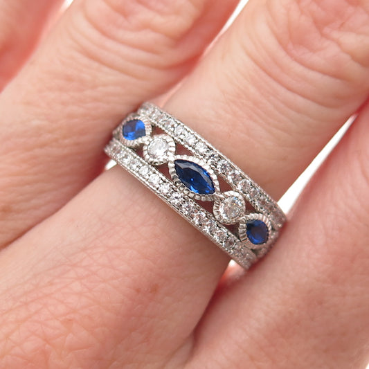 925 Sterling Silver Blue & White C Z All Around Band Ring Size 6.25