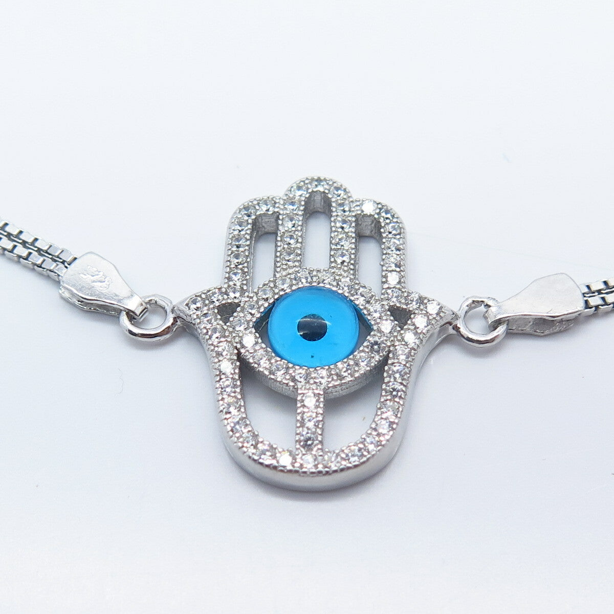 925 Sterling Silver Vintage C Z Hamsa / Hand of Fatima Box Link Bracelet 6 1/4"