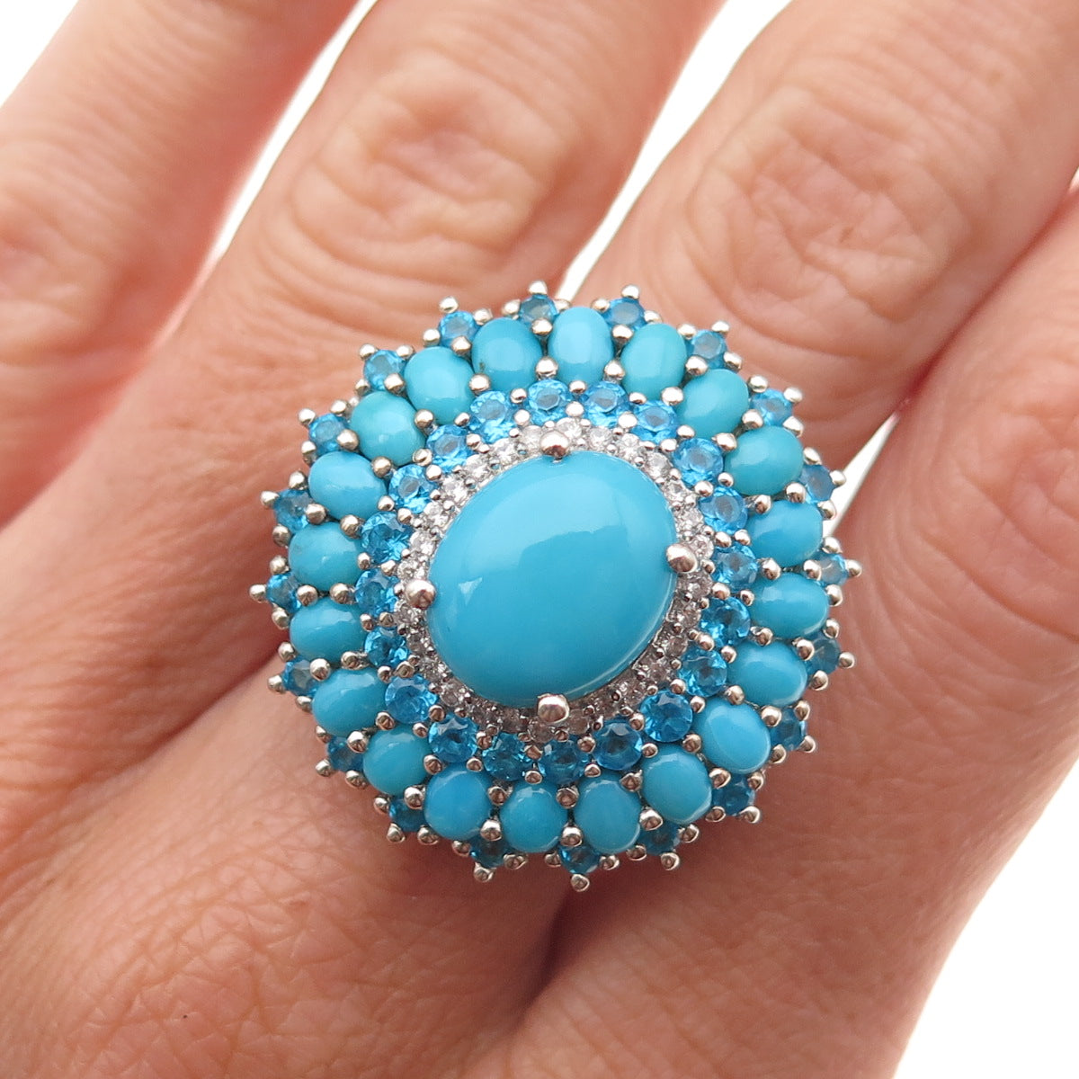 Chuck Clemency 925 Sterling Silver Real Turquoise Apatite & Topaz Ring Size 7.75