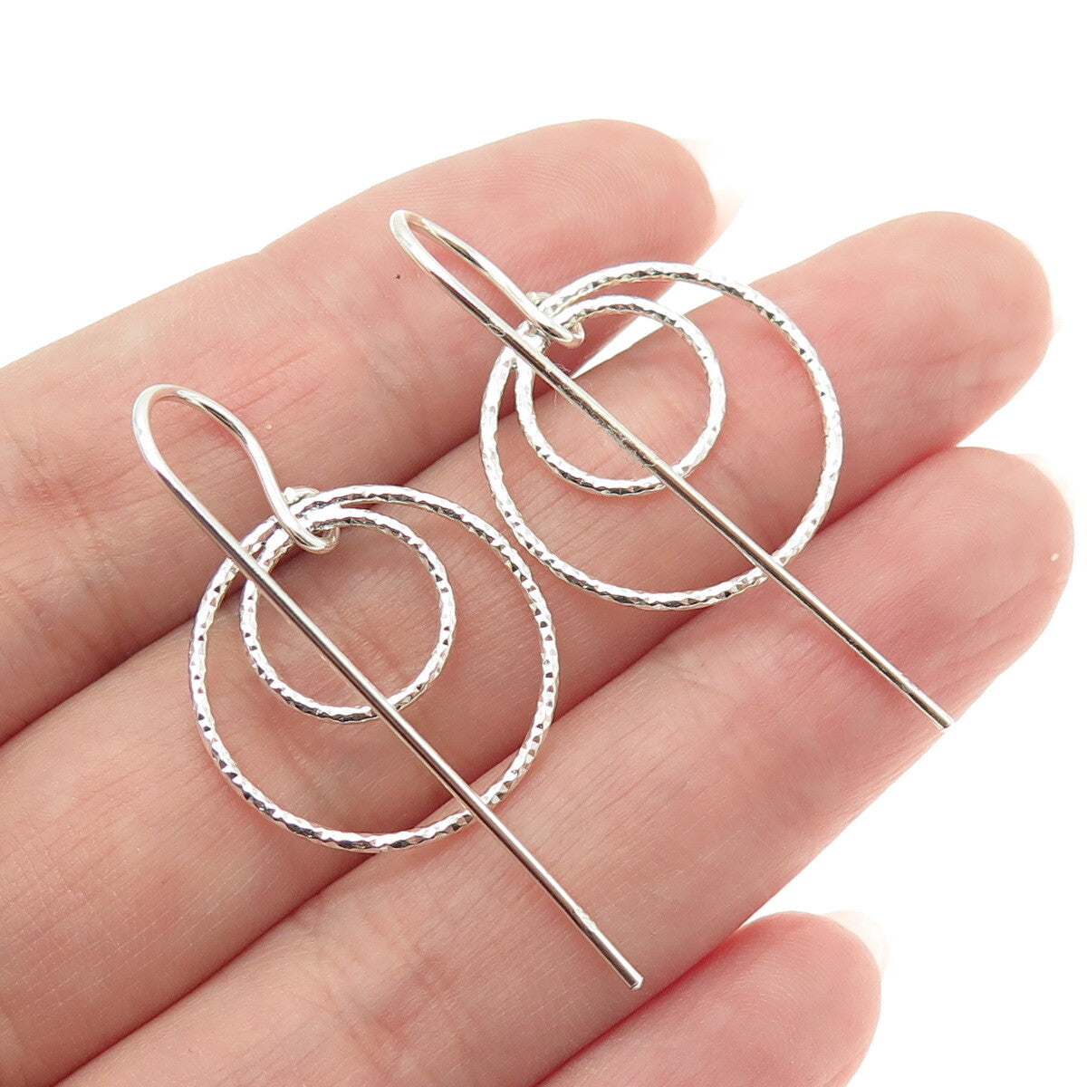 925 Sterling Silver Diamond-Cut Multi-Circle Dangle French Wire Earrings