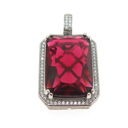 925 Sterling Silver Radiant-Cut Red Glass & Round-Cut C Z Pendant