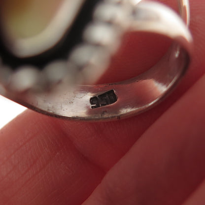 950 Silver Vintage Real MOP Beaded Oxidized Ring Size 8