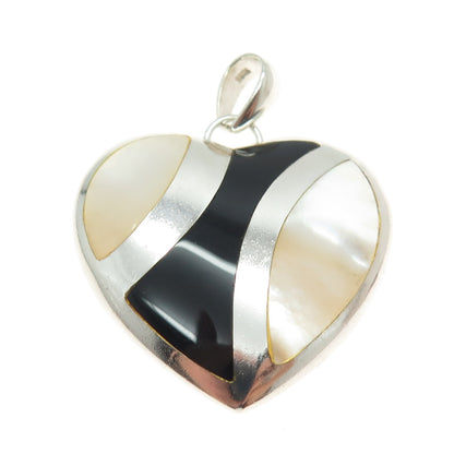 925 Sterling Silver Vintage Real Mother-of-Pearl & Black Onyx Gem Heart Pendant