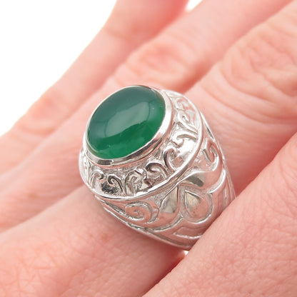 925 Sterling Silver Real Green Agate Floral Scroll Ring Size 7.75