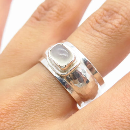 925 Sterling Silver Vintage Real Clear Quartz Hammered Wide Ring Size 8