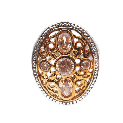 925 Sterling Silver 2-Tone Champagne C Z Floral Scroll Ring Size 9.5