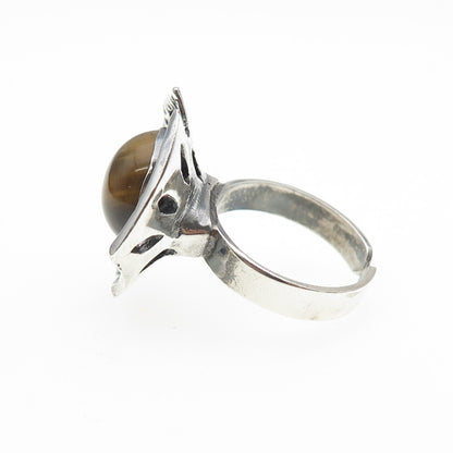 925 Sterling Vintage Israel Real Tiger Eye Modernist Adjustable Ring Size 7.75