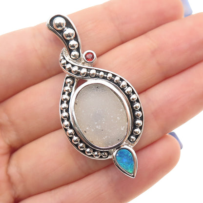 WHITNEY KELLY 925 Sterling Silver Vintage Real Opal Druzy & Red Garnet Pendant