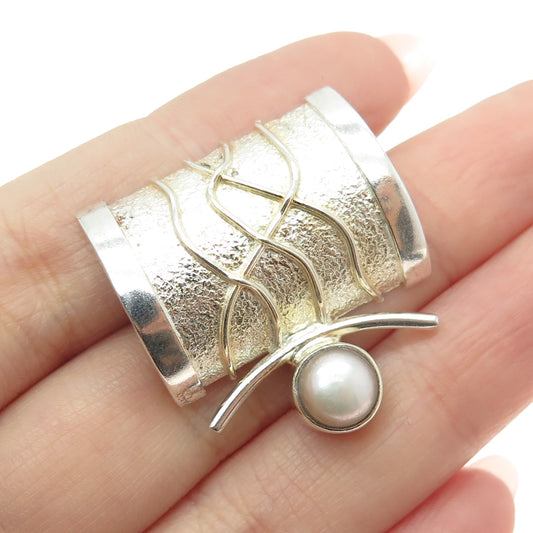 925 Sterling Silver Vintage Real Pearl Modernist Pin Brooch