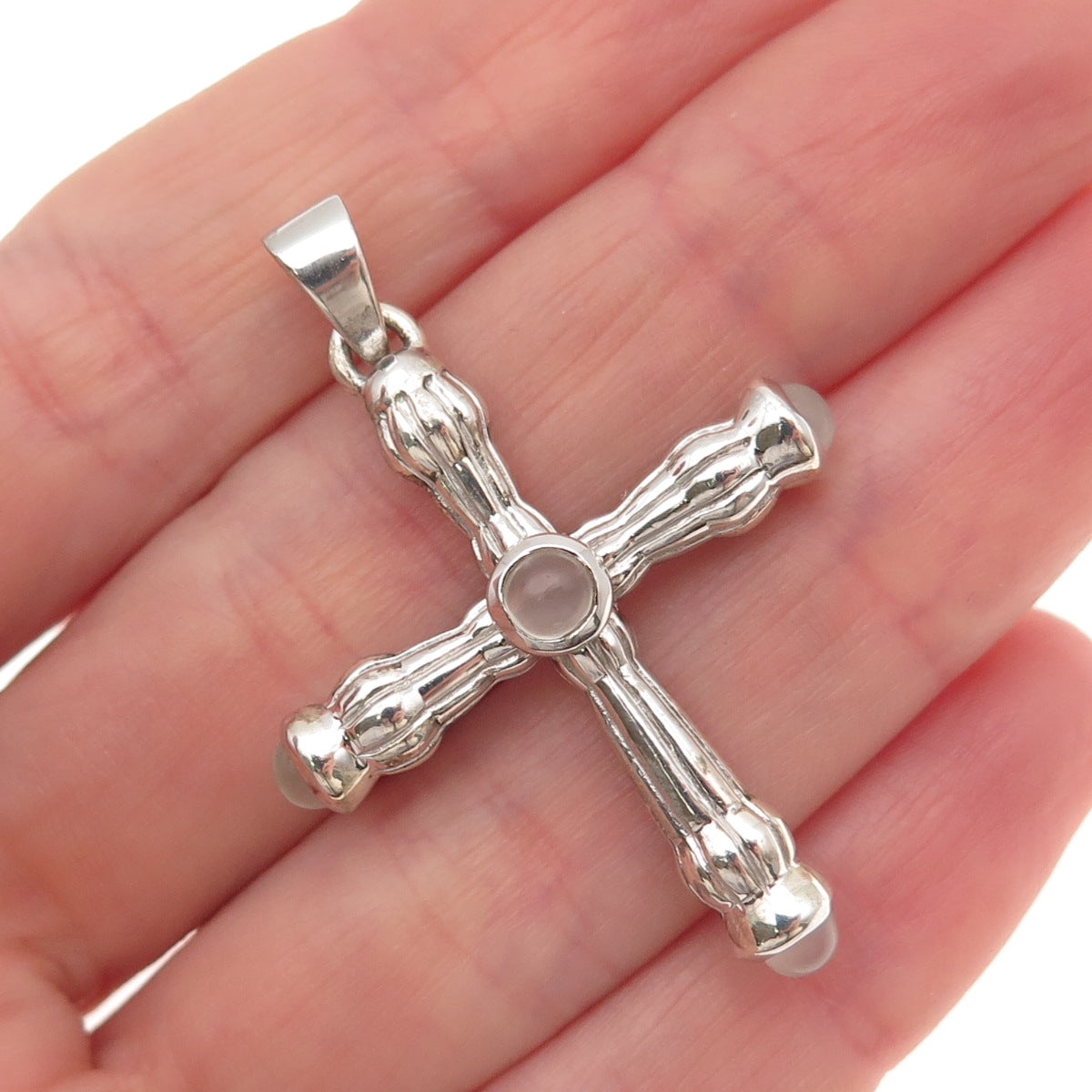 925 Sterling Silver Vintage Real Moonstone Cross Charm Pendant