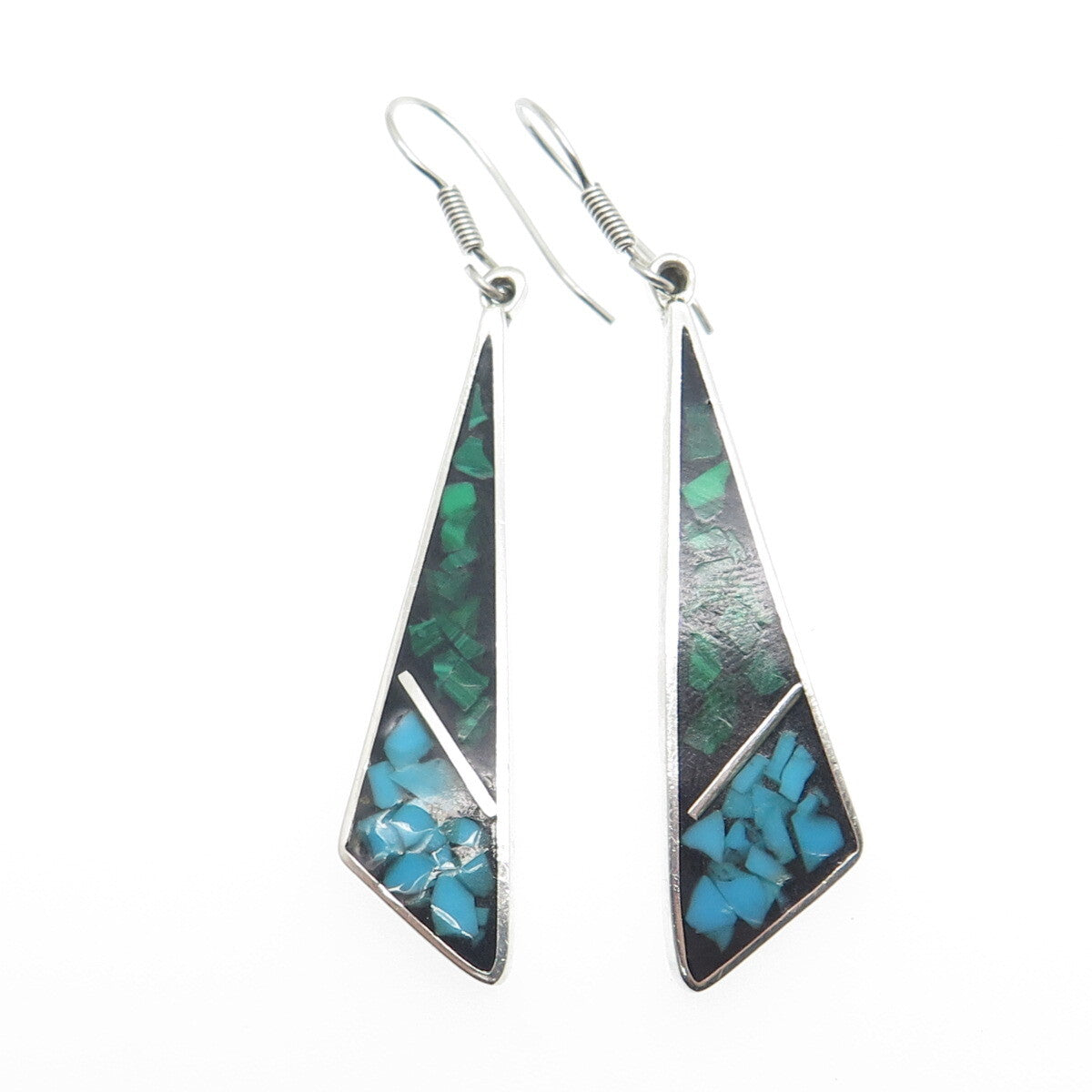 925 Sterling Silver Vintage Mexico Real Turquoise & Malachite Inlay Earrings