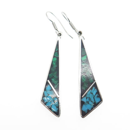 925 Sterling Silver Vintage Mexico Real Turquoise & Malachite Inlay Earrings