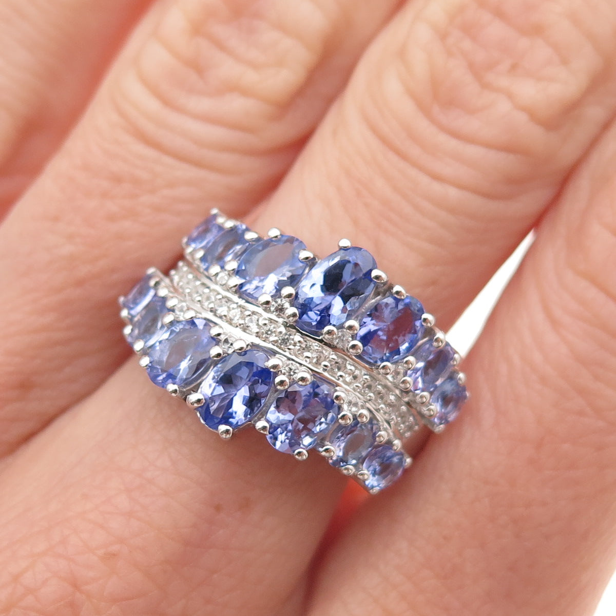 925 Sterling Silver Real Oval-Cut Tanzanite & Round-Cut White Topaz Ring Size 8