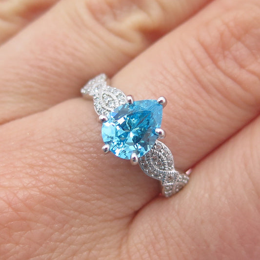 925 Sterling Silver Pear-Cut Blue & Round-Cut White C Z Ring Size 8.25