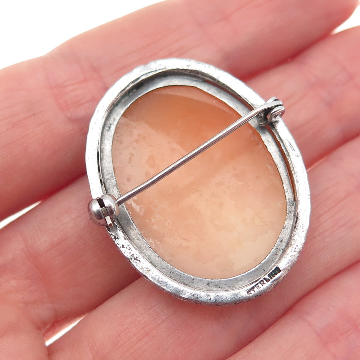 925 Sterling Silver Antique Art Deco Real MOP Carved Lady Cameo Pin Brooch