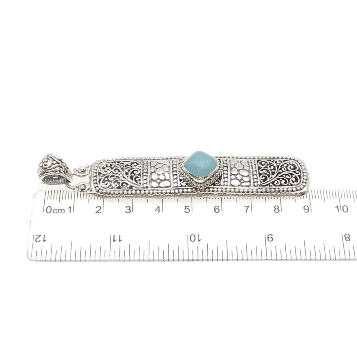 SARDA Sterling Silver Vintage Real Aquamarine Granulated Floral Scroll Pendant