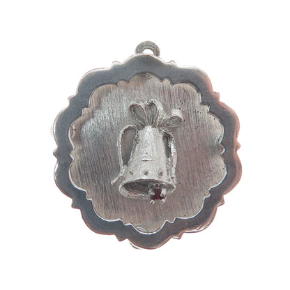 925 Sterling Silver Vintage Red Rhinestone Bell Charm Pendant
