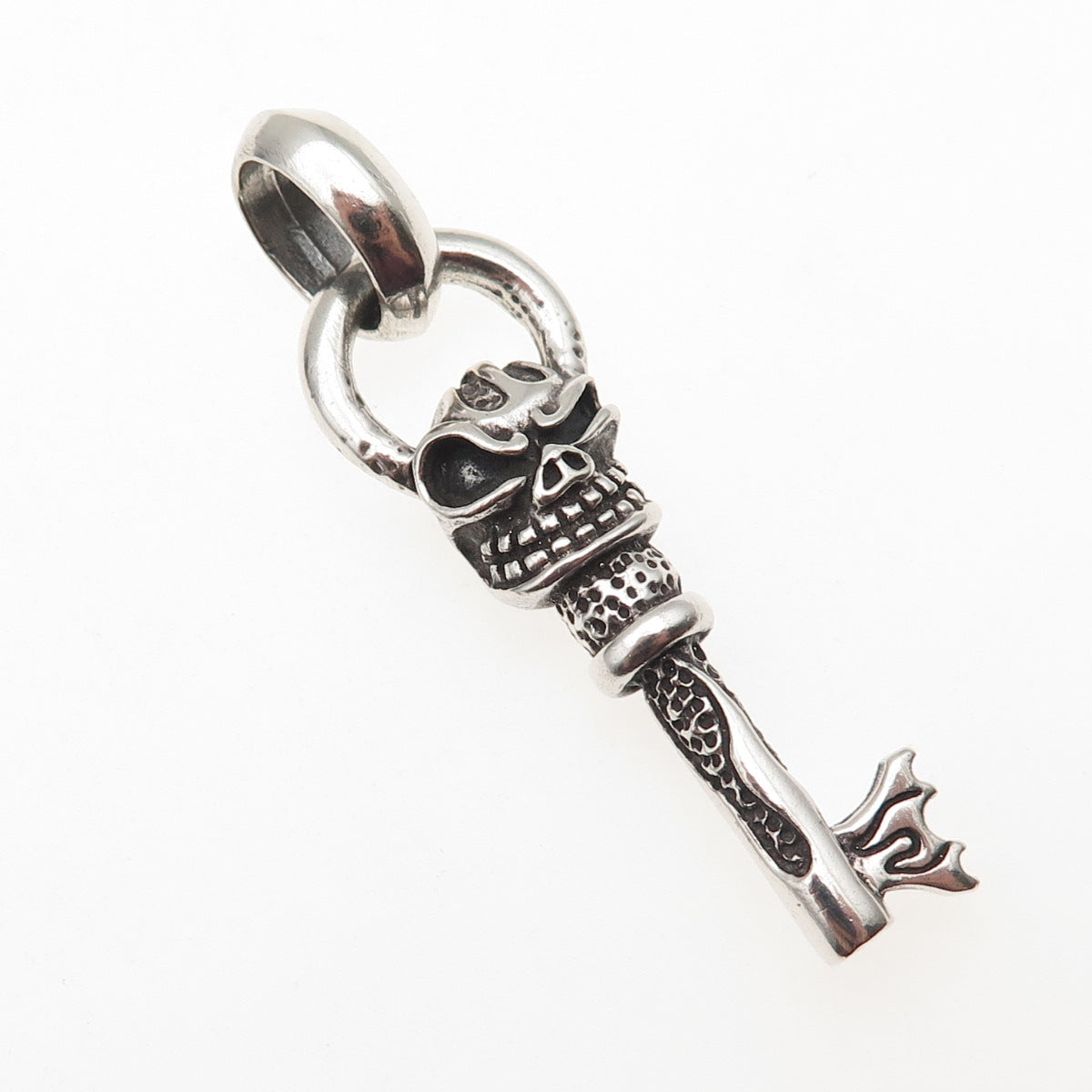 925 Sterling Silver Vintage Flaming Skeleton Key Oxidized Pendant