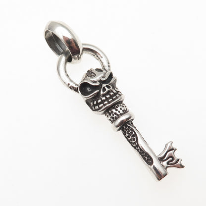 925 Sterling Silver Vintage Flaming Skeleton Key Oxidized Pendant
