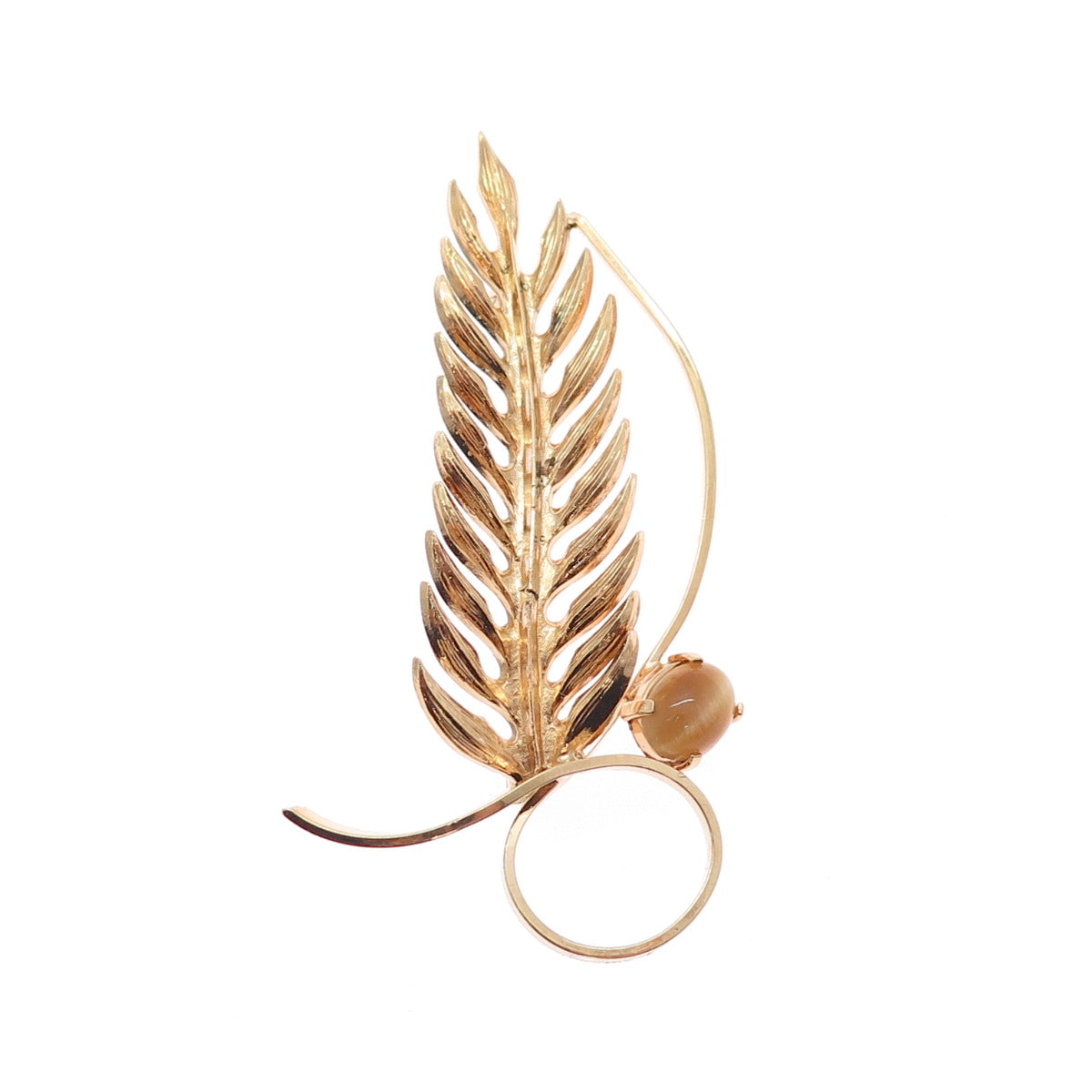 WELLS 925 Sterling Silver Gold Plated Vintage Real Tiger Eye Feather Pin Brooch