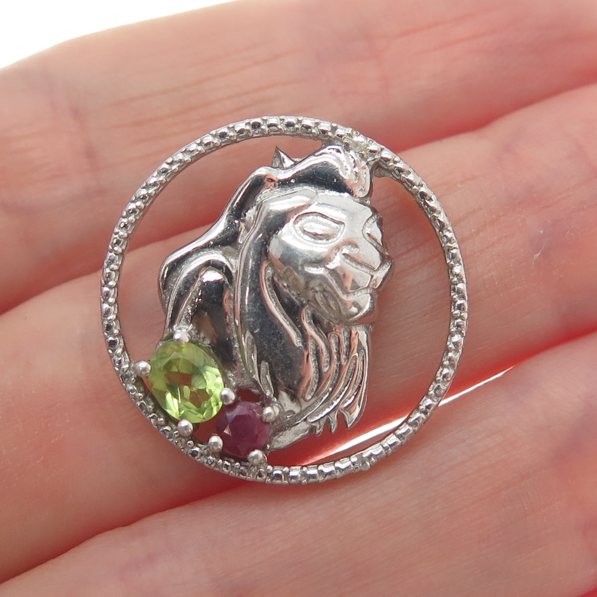CHUCK CLEMENCY 925 Sterling Vintage Real Diamond Accent & Multi-Gem Lion Pendant