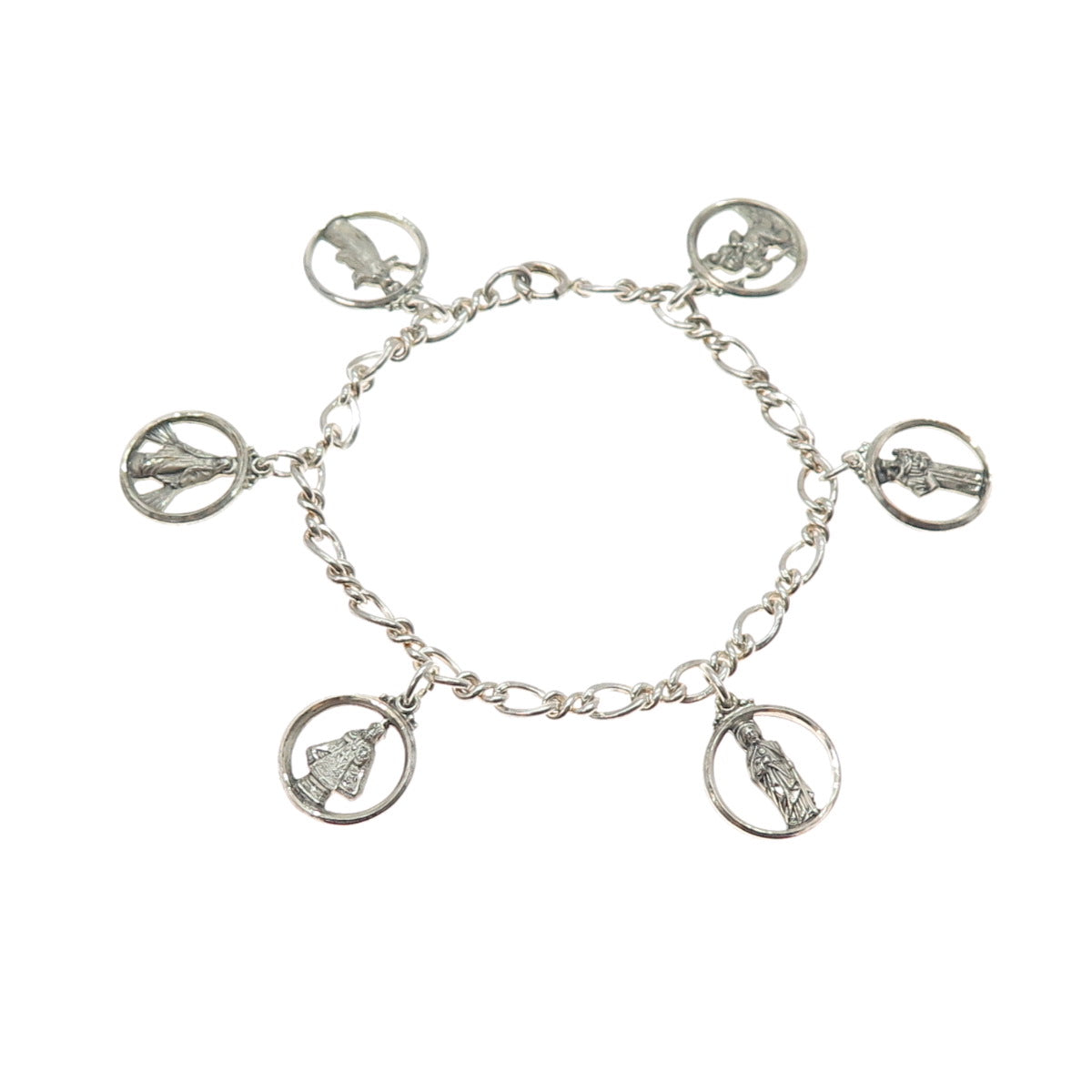 CREED 925 Sterling Silver Antique Art Deco Religious Charms Bracelet 6.5"