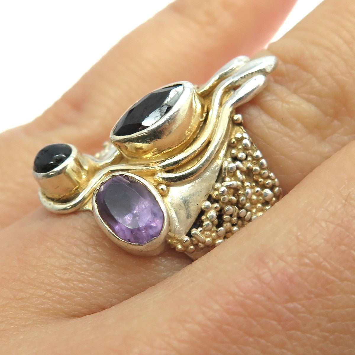 925 Sterling Silver 2-Tone Vintage Real Red Garnet & Amethyst Gem Ring Size 6.5