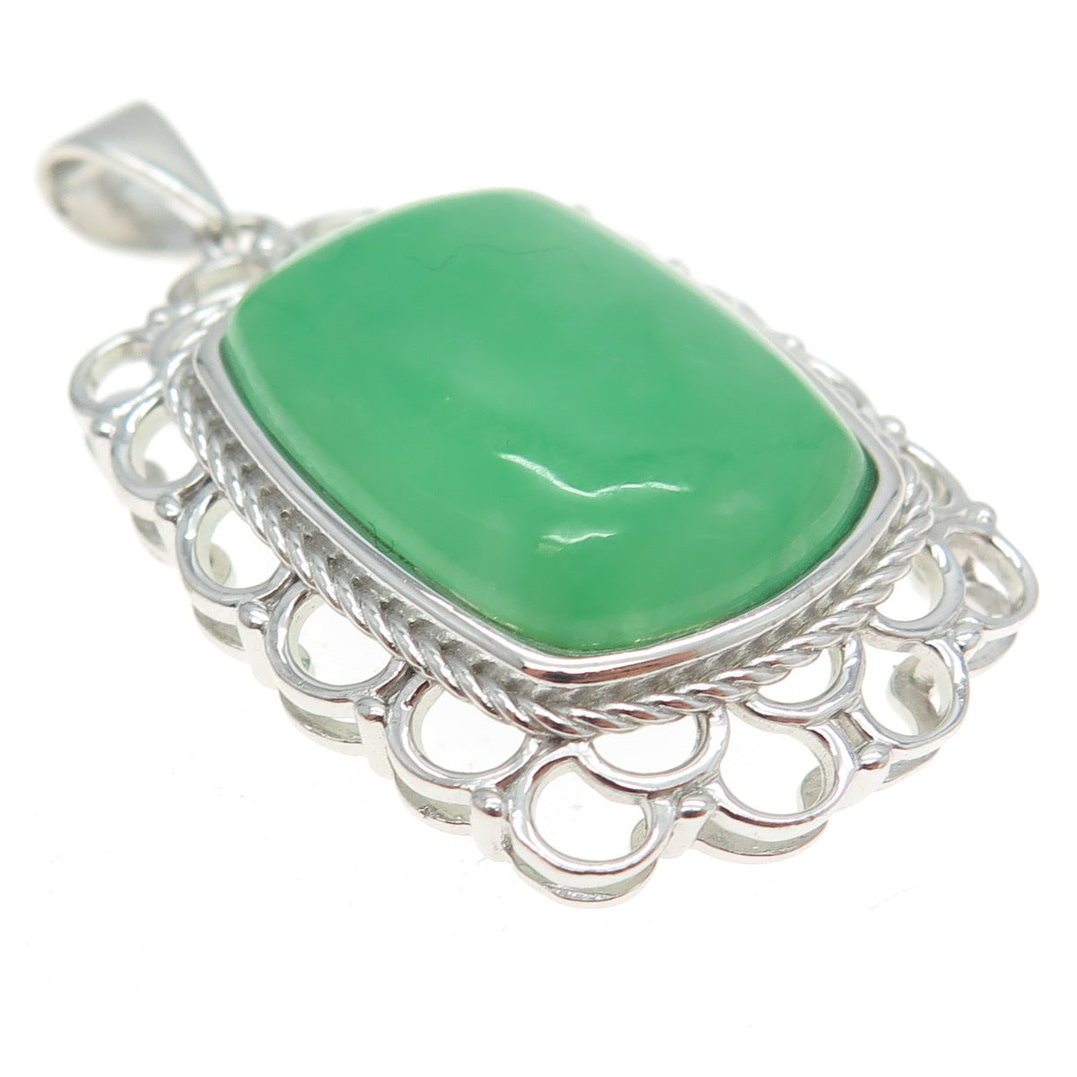 925 Sterling Silver Real Jade Gemstone Ornate Frame Pendant