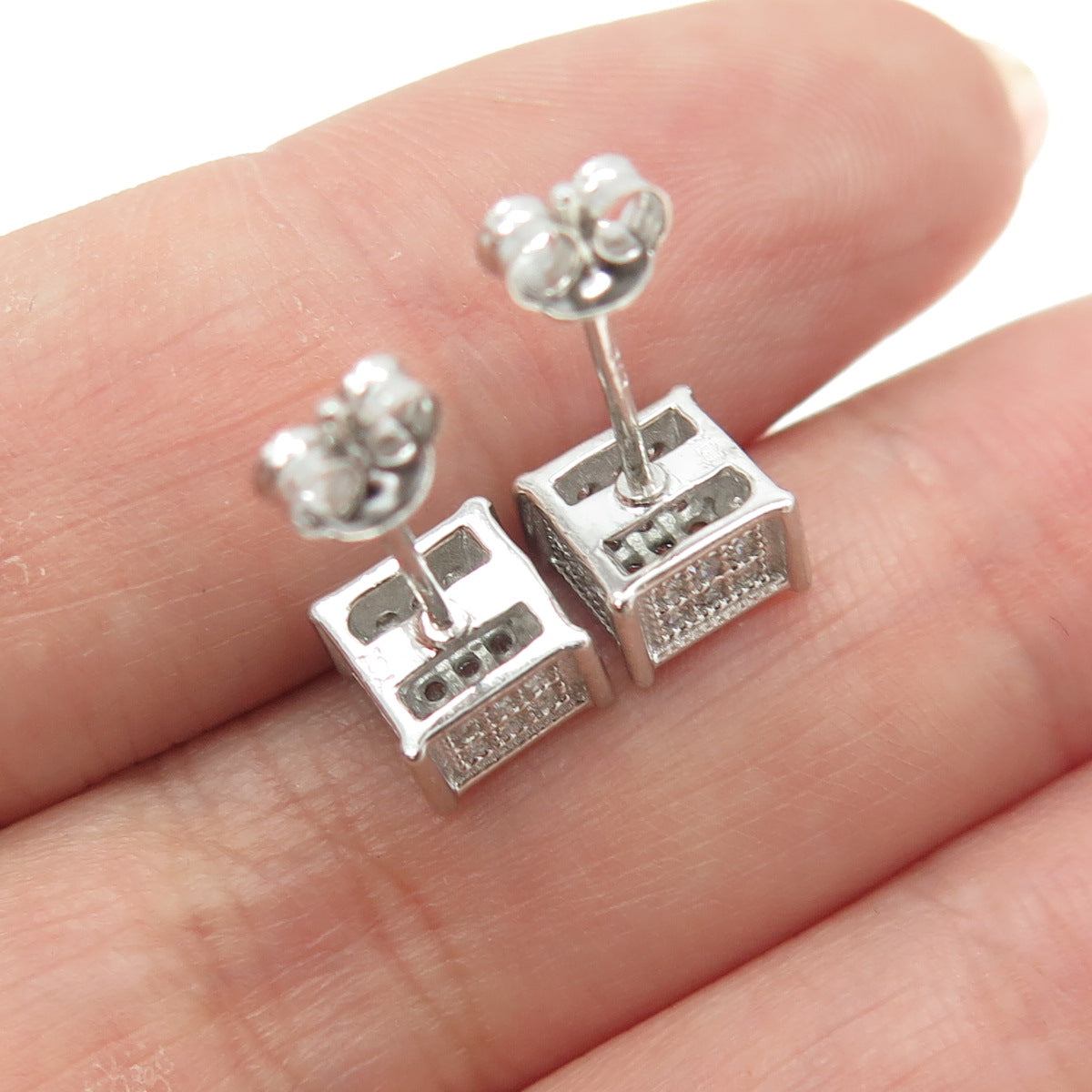 925 Sterling Silver Pave C Z Square Stud Earrings