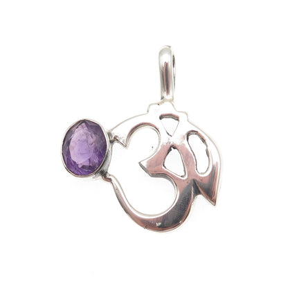 925 Sterling Silver Vintage Real Oval-Cut Amethyst Om Mantra Charm Pendant