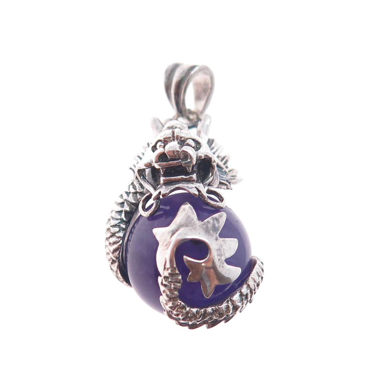 925 Sterling Silver Vintage Real Amethist Chinese Dragon Charm Pendant