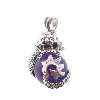 925 Sterling Silver Vintage Real Amethist Chinese Dragon Charm Pendant