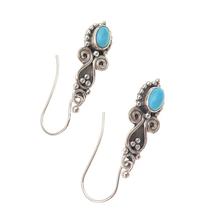 925 Sterling Silver Vintage Real Turquoise Heart Oxidized Dangle Earrings