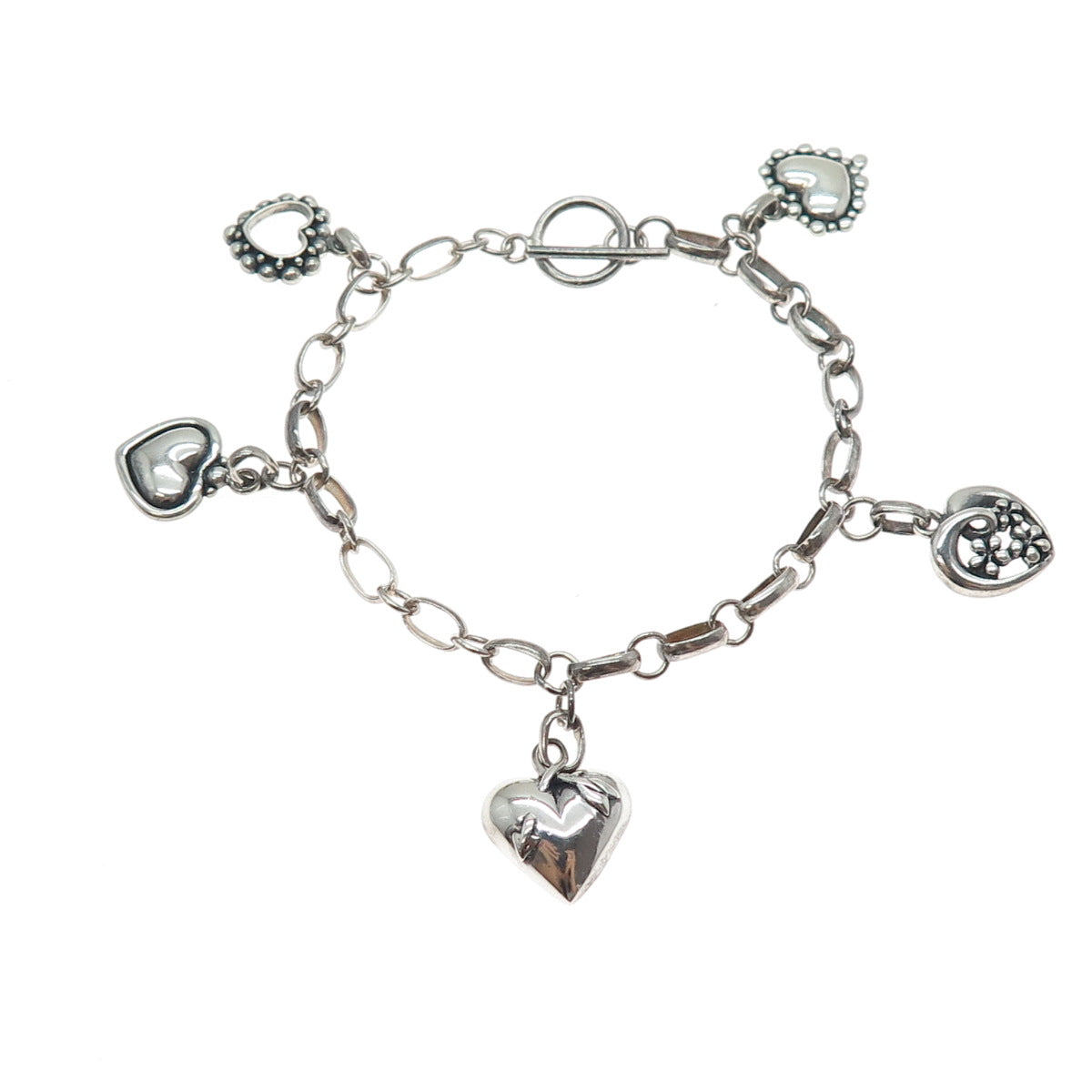 925 Sterling Silver Vintage Heart 5-Charm Oxidized Bracelet 7"