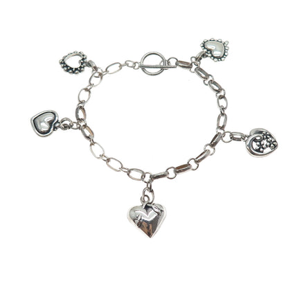 925 Sterling Silver Vintage Heart 5-Charm Oxidized Bracelet 7"