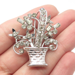 925 Sterling Silver Vintage Carl Art Rhinestone Floral Basket Pin Brooch