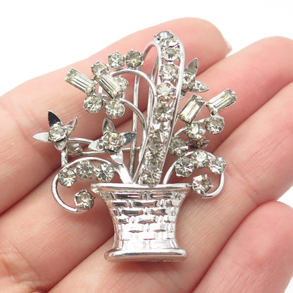 925 Sterling Silver Vintage Carl Art Rhinestone Floral Basket Pin Brooch