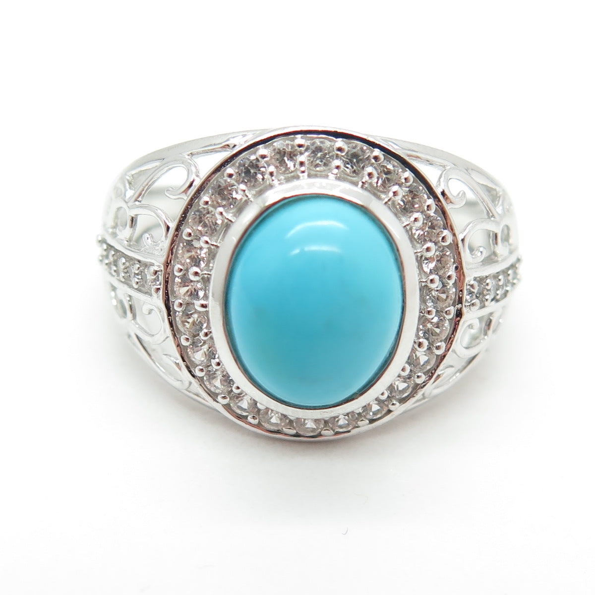 925 Sterling Silver Real Round-Cut White Topaz & Turquoise Swirl Ring Size 8