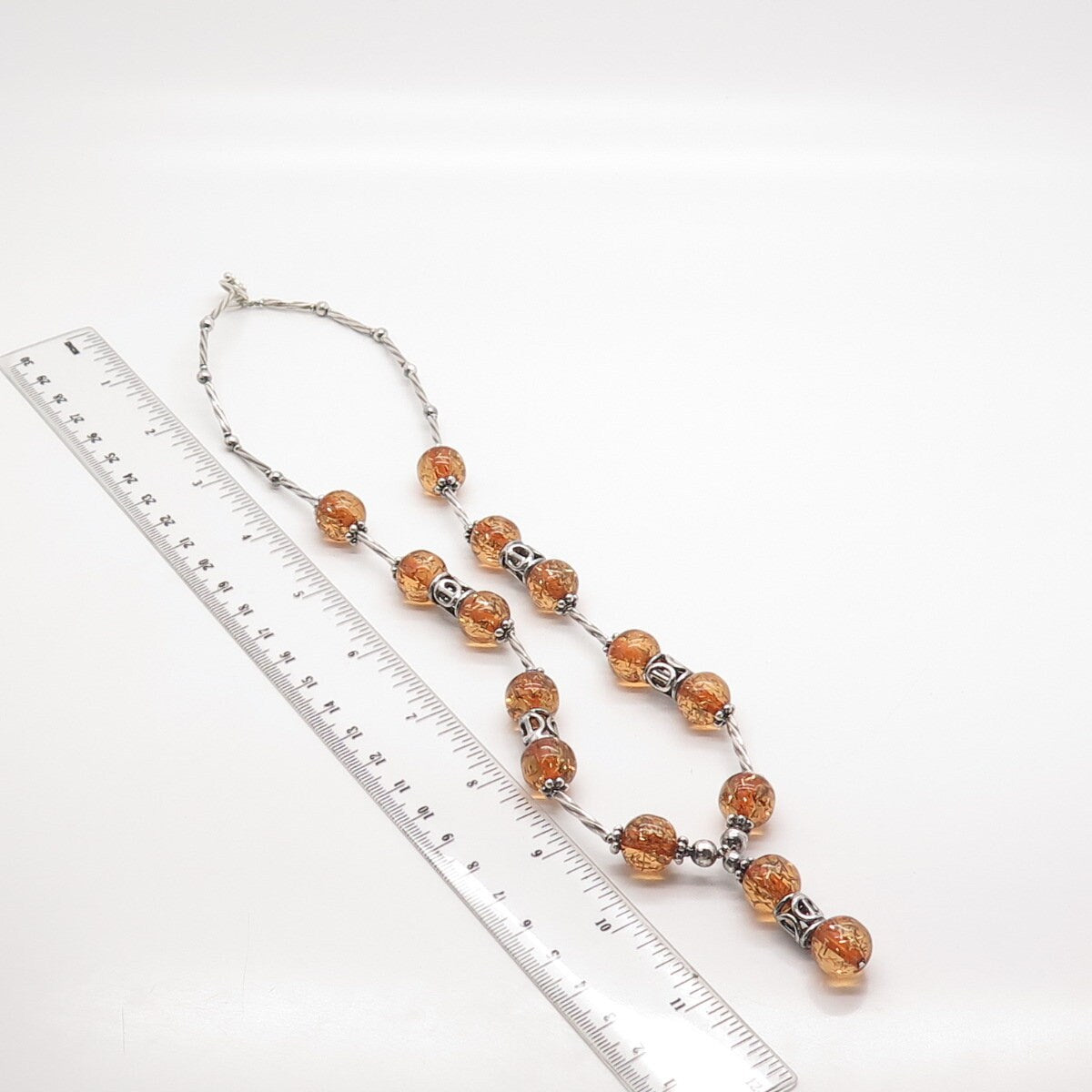 925 Sterling Silver Vintage Real Rutilated Quartz Ethnic Bar Chain Necklace 20"