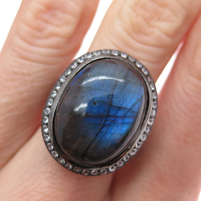 925 Sterling Silver Black Rhodium Real Labradorite & C Z Ring Size 6.25