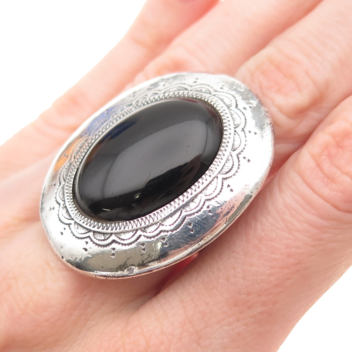 925 Sterling Silver Vintage Mexico Black Onyx Oxidized Statement Ring Size 8.5