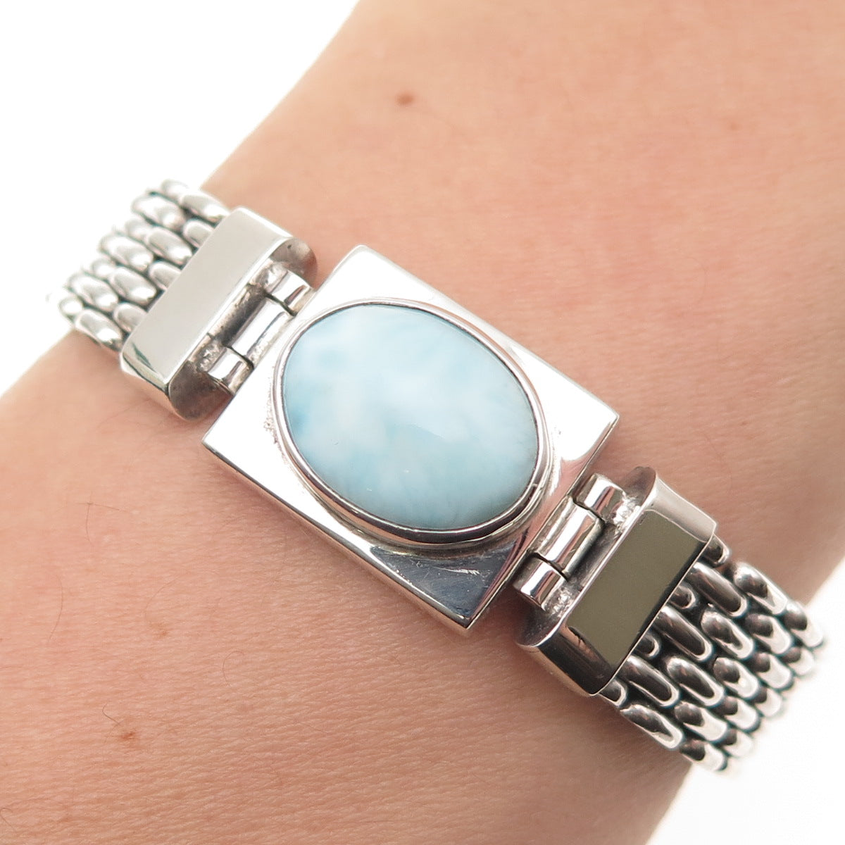 925 Sterling Silver Vintage Real Cabochon Larimar Panther Link Bracelet 7"