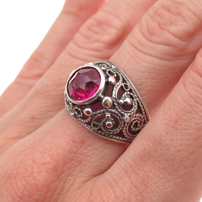 875 Silver Vintage Lab-Created Ruby Swirl Oxidized Ring Size 7.5