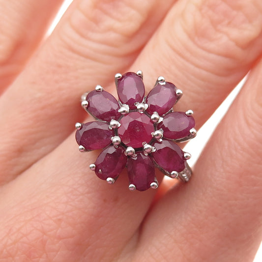 925 Sterling Silver Vintage Real Ruby & White Topaz Floral Ring Size 7
