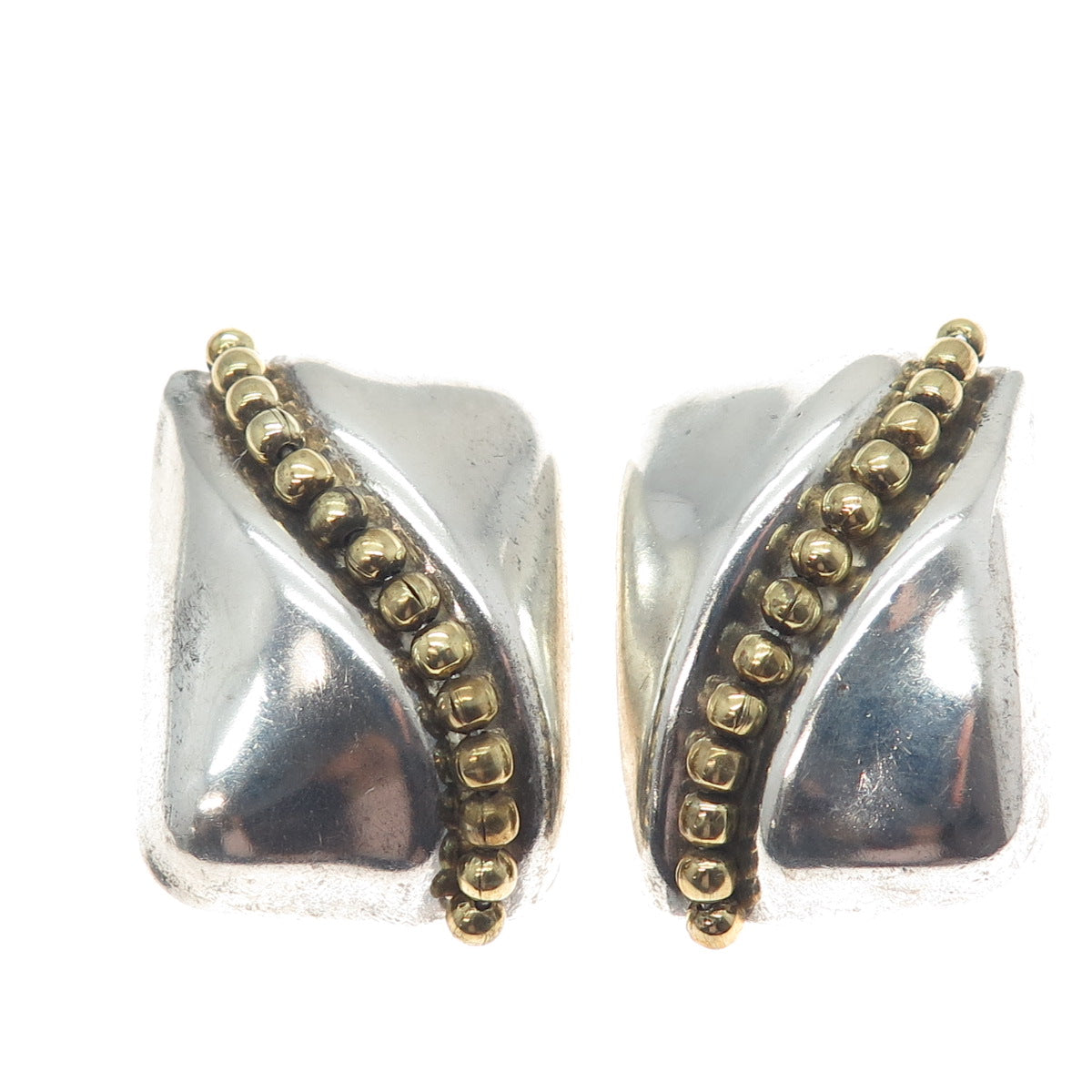 ORQUIDIA 950 Silver 2-Tone Vintage Mexico Modernist Beaded Clip On Earrings