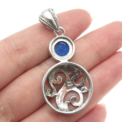 NK SILVER 925 Sterling Silver Vintage Real Lapis Lazuli Ornate Swirl Pendant