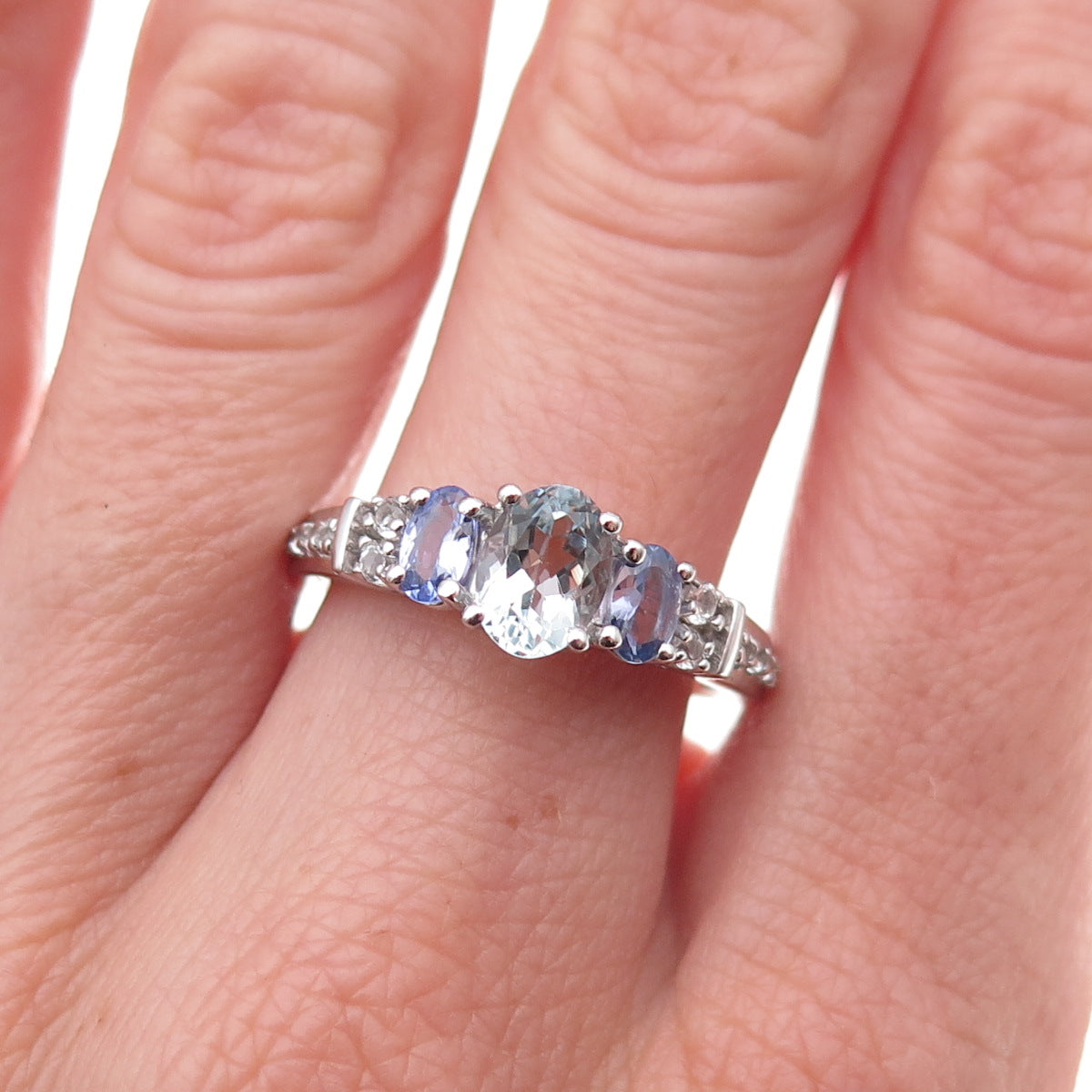 925 Sterling Silver Real Iolite Tanzanite & White Topaz Ring Size 8