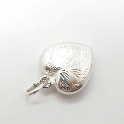835 Silver Vintage Portugal Etched Puffy Heart Charm Pendant